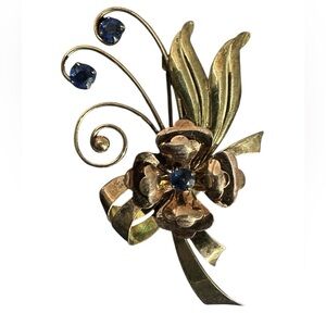 1940’s Harry Iskin Gold Floral Brooch with Blue Accents Vintage 3059